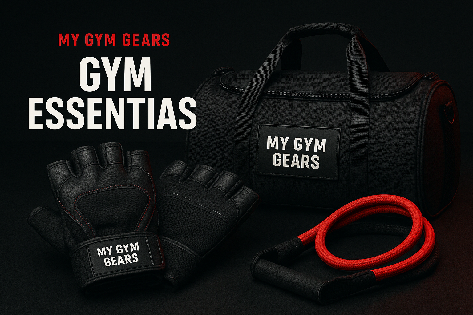 Black gym bag, gloves, and resistance band with 'My Gym Gears' branding on a dark background.