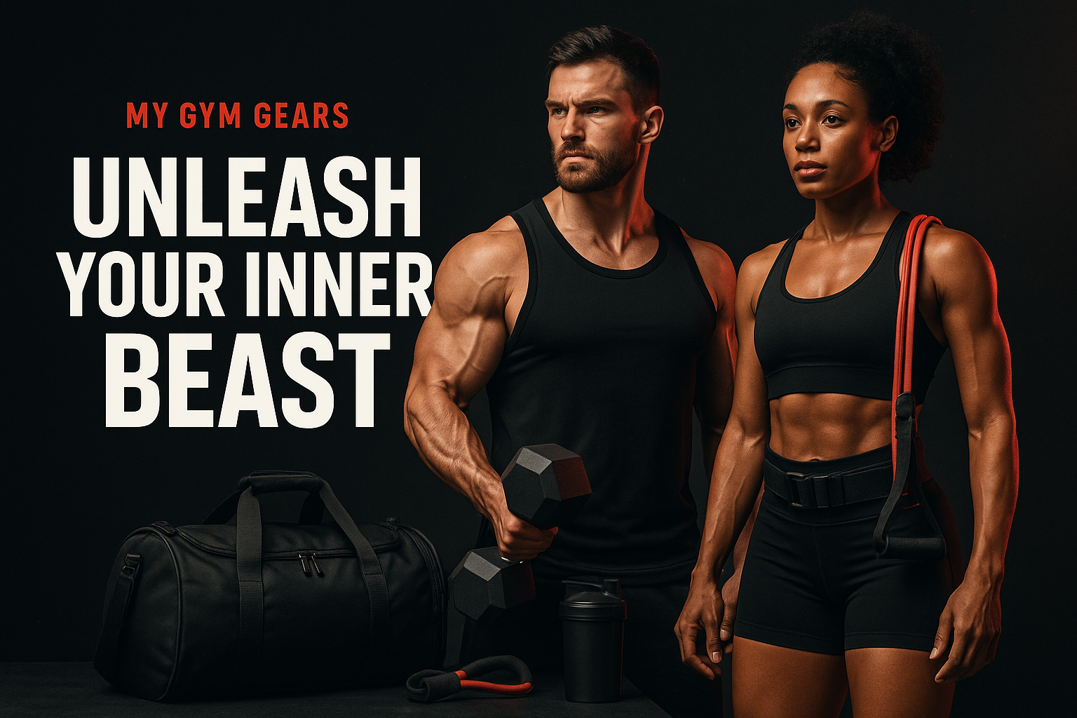 Two people in gym attire with fitness equipment on a dark background, promoting gym gear.