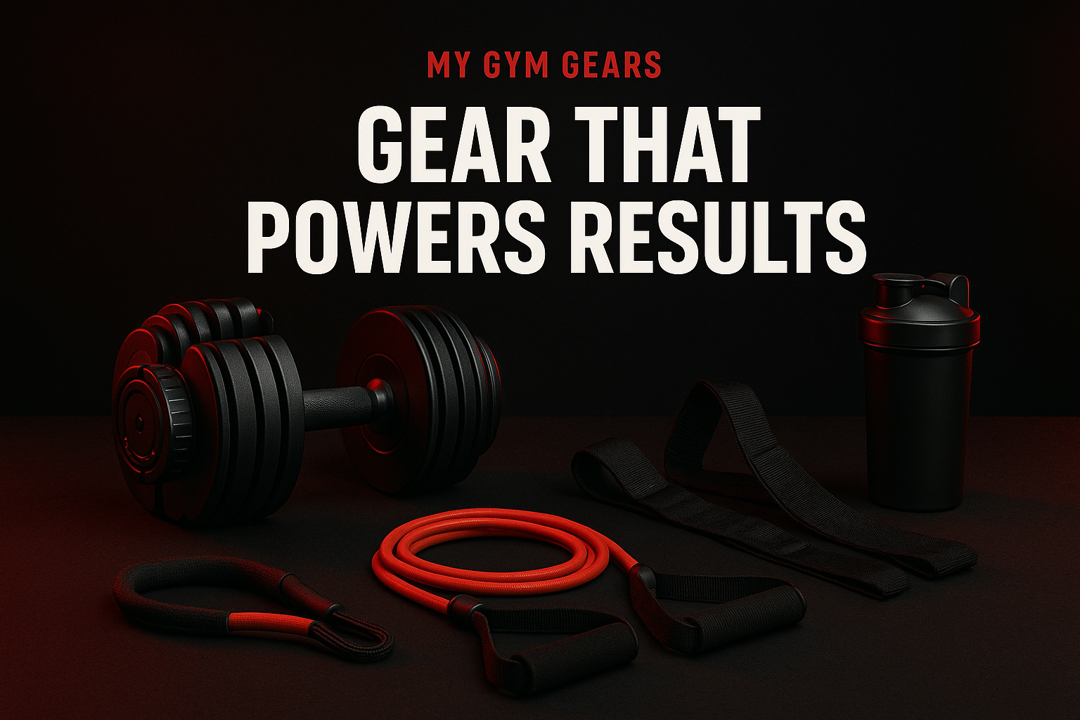 Gym equipment including dumbbells, resistance bands, and a shaker bottle on a dark background with text 'My Gym Gears Gear That Powers Results'.